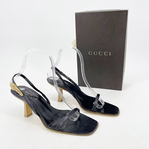 Vintage Gucci Black Leather Tiger Head Slingback Heeled Sandals size 7.5 - Picture 1 of 12